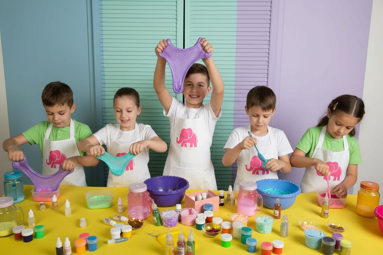 Five kids in matching aprons make colorful slime at a studio table; the child in the center proudly lifts a big purple stretch.
