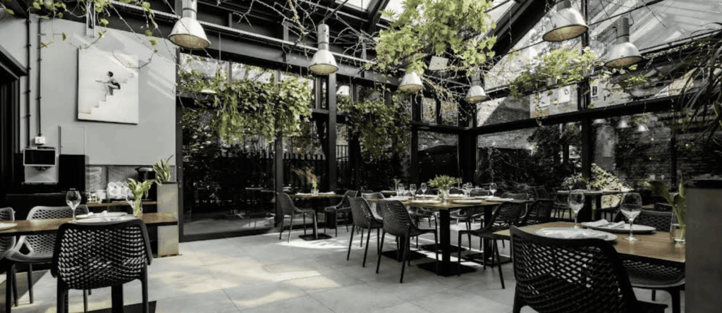 Stylish restaurant with a glass roof, lush hanging greenery, and a relaxed botanical atmosphere filled with natural light.