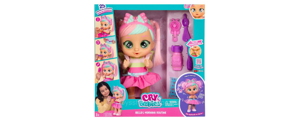 Interactive Cry Babies doll toy with bright hair, pink outfit, and accessories for kids’ imaginative play.