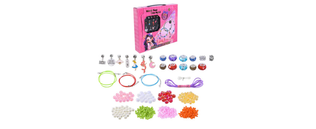Colorful DIY jewelry making kit with beads, charms, cords, and bracelet components for creative children.