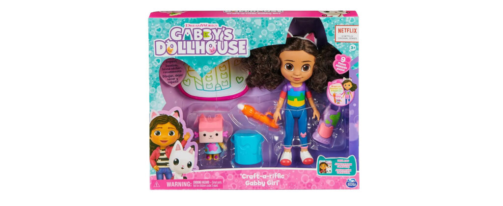 Gabby’s Dollhouse playset featuring a Gabby doll with accessories and colorful packaging inspired by the Netflix series.