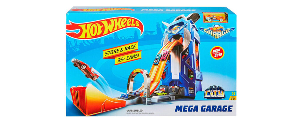 Hot Wheels Mega Garage playset with blue and orange tracks for racing and storing multiple toy cars.