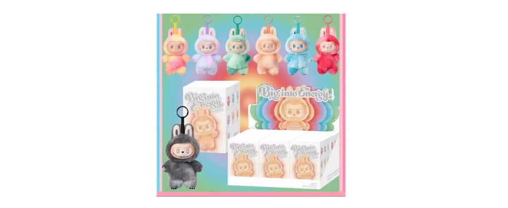 Cute collectible plush keychain toys in colorful bunny suits from the Big Into Energy series, displayed in packaging.