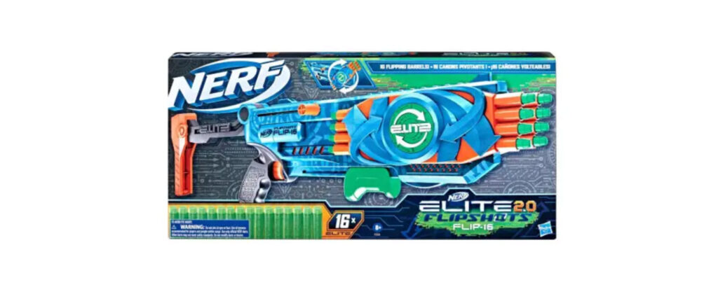 Nerf Elite 2.0 Flipshots Flip-16 blaster with rotating barrels and foam darts in blue and orange design.