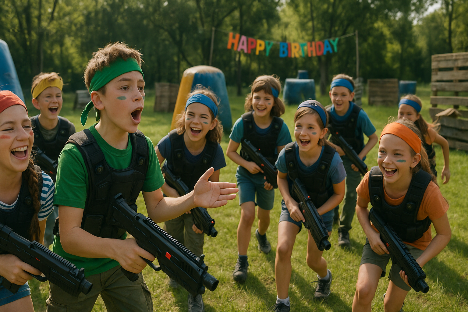 Group of excited children playing laser tag at an outdoor birthday party, wearing protective vests and colorful headbands, running and laughing on a sunny field.